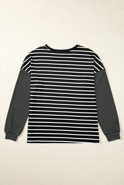 Black Stripe Patchwork Loose Long Sleeve Tee - Chic Meadow Boutique 