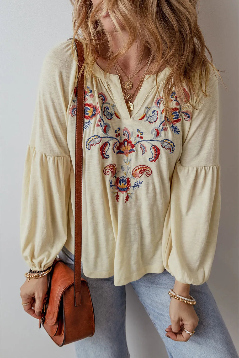 Apricot Paisley Floral Embroidered Notch V Neck Blouse - Chic Meadow Boutique 