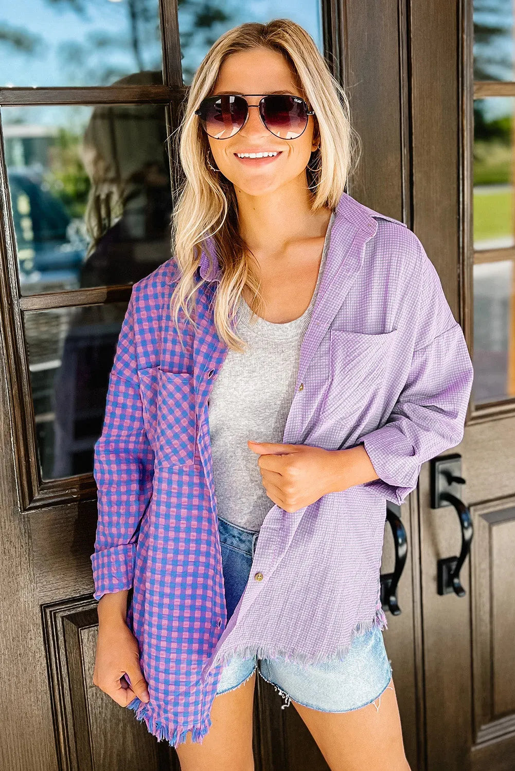 Purple Mixed Plaid Button Down Long Sleeve Chest Pocket Shirt - Chic Meadow Boutique 