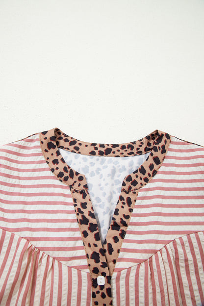 Pink Stripe Square Button Leopard Trim Loose Bracelet Sleeve Shirt Dress
