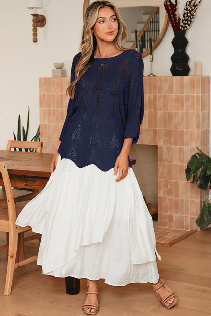 Navy Blue Hollow Out Knit 7/8 Sleeve Casual Sweater