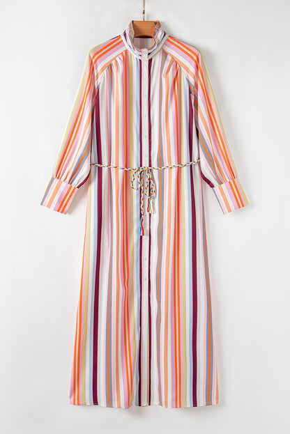 White Multicolor Striped Cuffed Sleeve Tassel Tied Shirt Maxi Dress