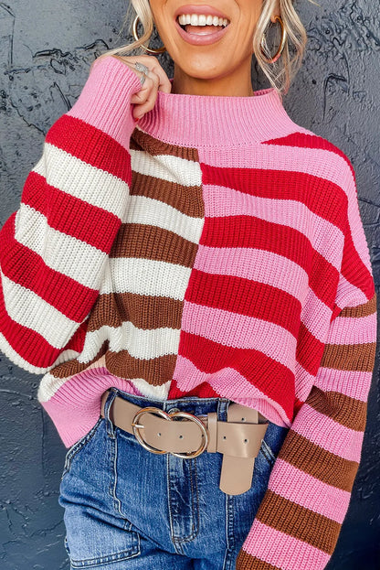 Pink Stripe Color Block High Neck Drop Shoulder Loose Sweater - Chic Meadow Boutique 