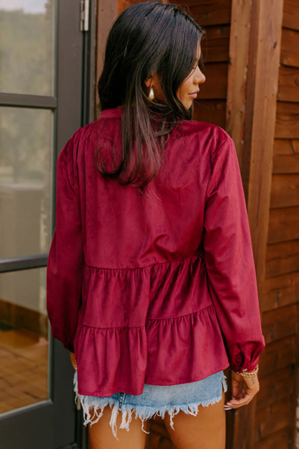 Burgundy Corduroy Ruffle Tiered Buttoned O Neck Shirt - Chic Meadow Boutique 