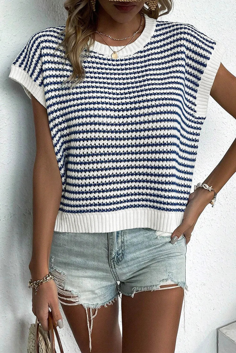 Blue Stripe Ribbed Trim Loose Fit Knitted Sweater Vest - Chic Meadow Boutique 