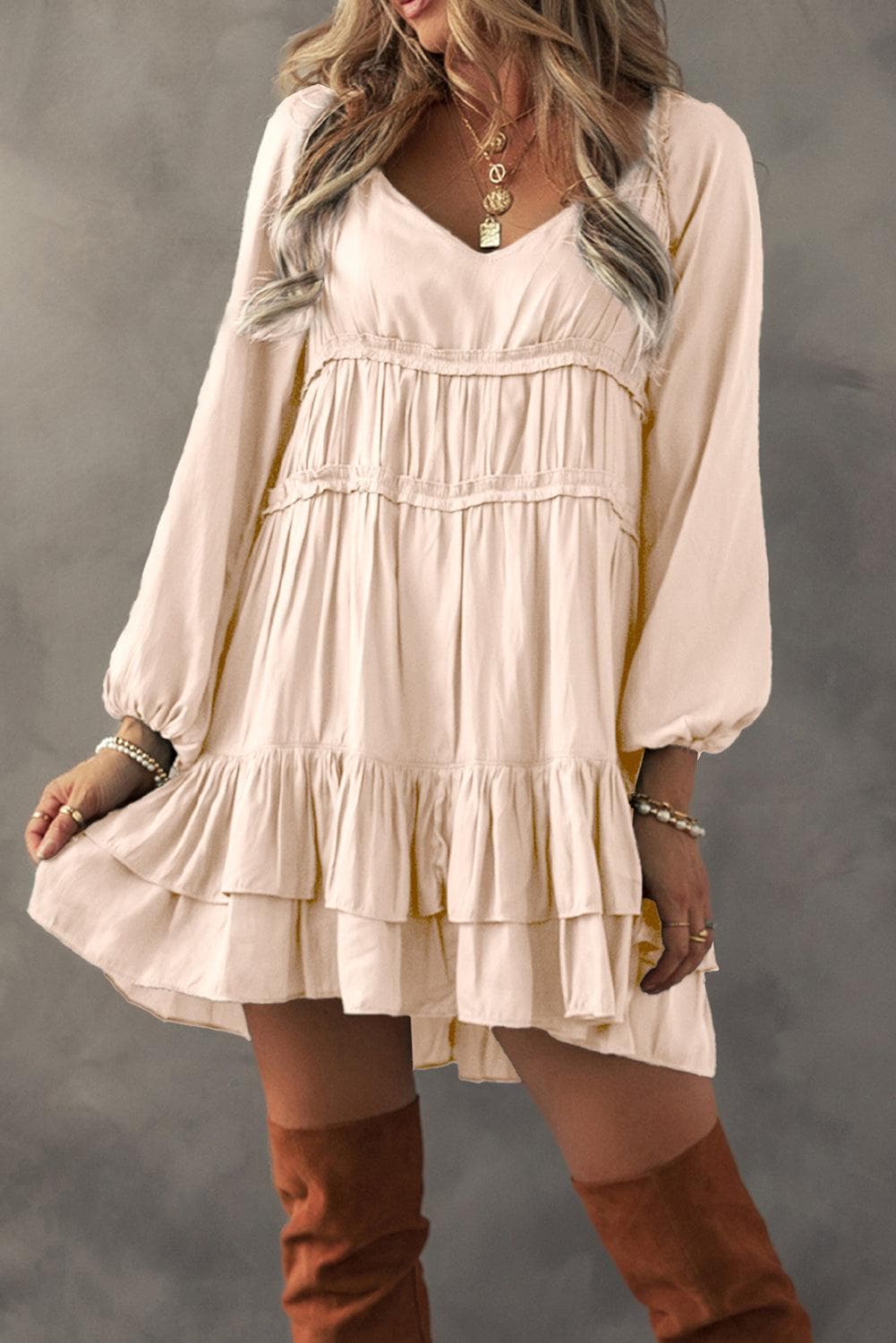 Dresses/Mini Dresses Apricot Tiered Ruffled Puff Sleeve Loose Fit Mini Dress