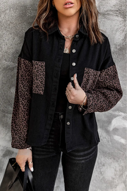 Black Contrast Leopard Denim Jacket - Chic Meadow Boutique 