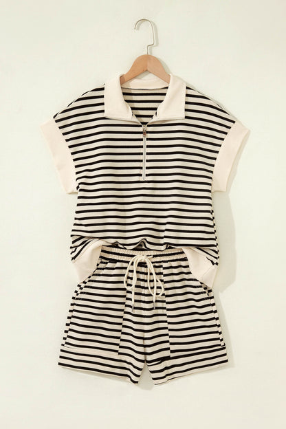 Black Stripe Ribbed Color Block Trim Zip Polo Tee Drawstring Shorts 2pcs Outfit