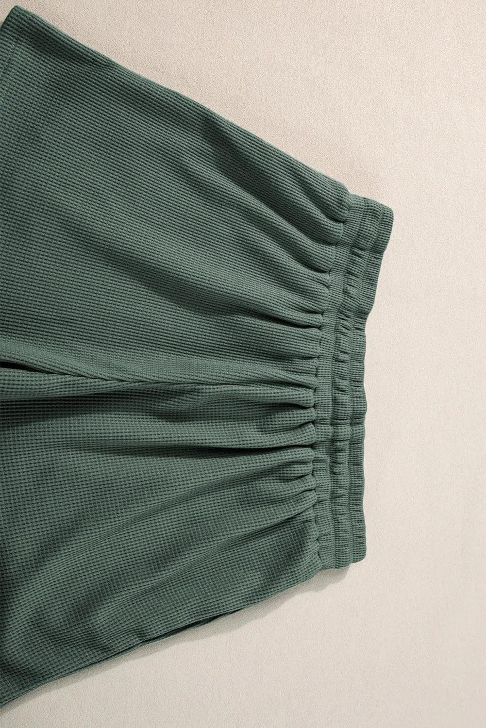 Two Piece Sets/Short Sets Mist Green Waffle Knit Patched Pocket Tank and Drawstring Shorts Set