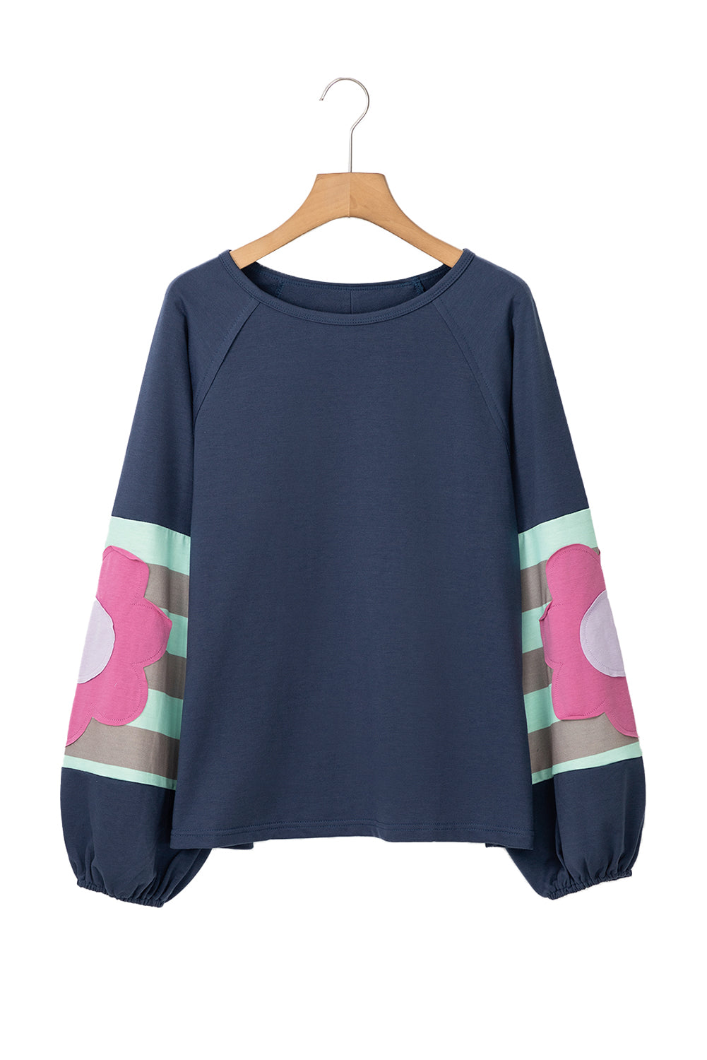 Sail Blue Flower Patchwork Raglan Sleeve Exposed Seam Oversized Top