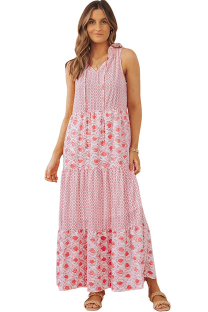 Pink Abstract Print Split Neck Sleeveless Maxi Dress - Chic Meadow Boutique 