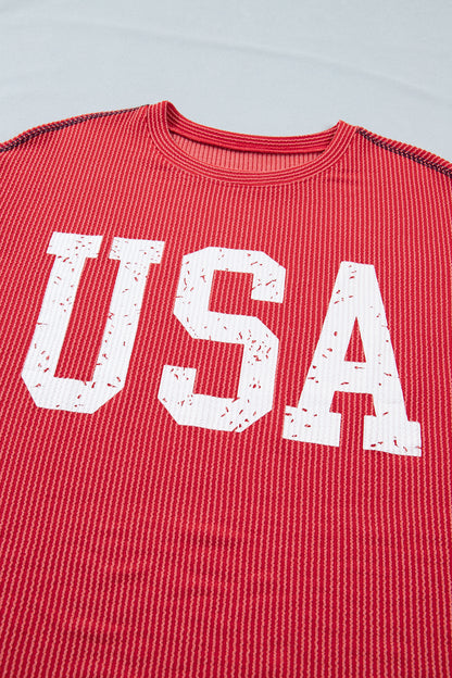 Fiery Red USA Graphic Half Sleeve Loose Ribbed Top
