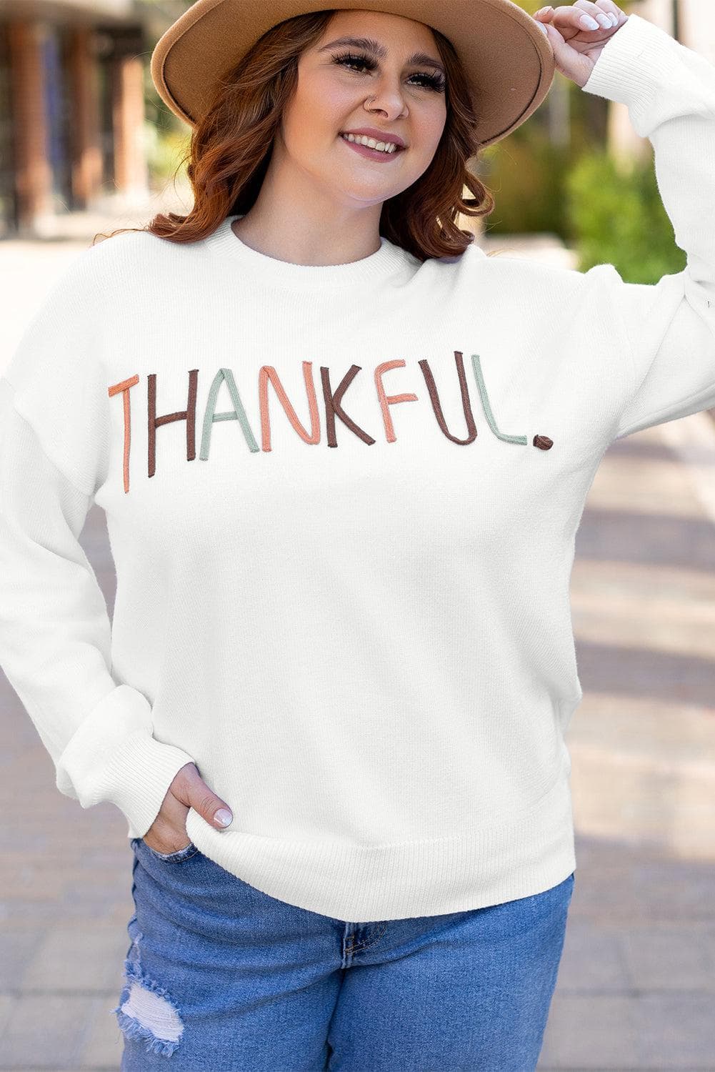 Plus Size/Plus Size Sweaters & Cardigans White Plus Size Thankful Ivory Embroidered Sweater