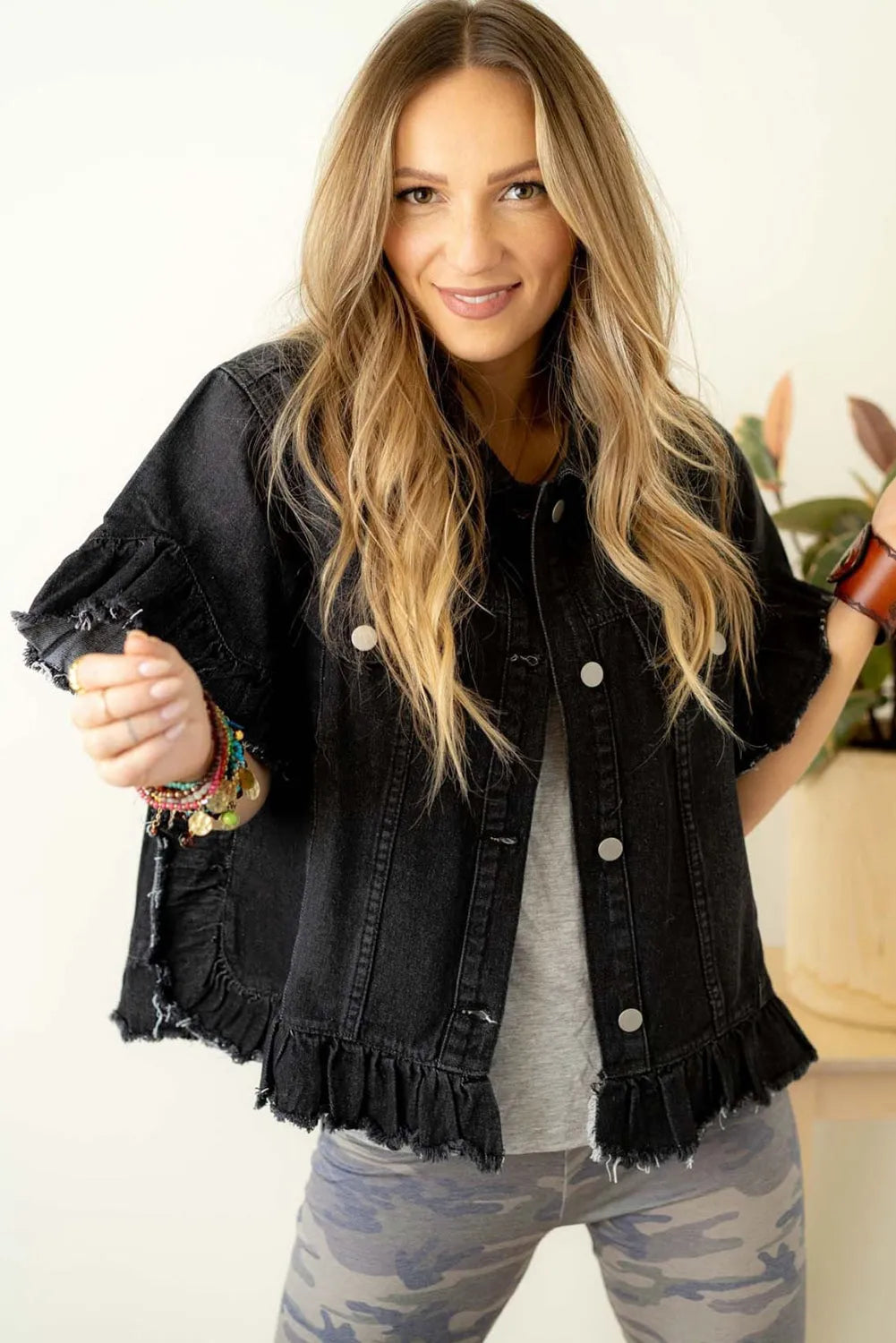 Black Raw Edge Ruffled Short Sleeve Denim Jacket - Chic Meadow Boutique 