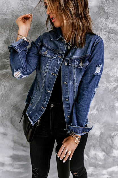 Blue Lapel Distressed Raw Hem Buttons Denim Jacket - Chic Meadow Boutique 