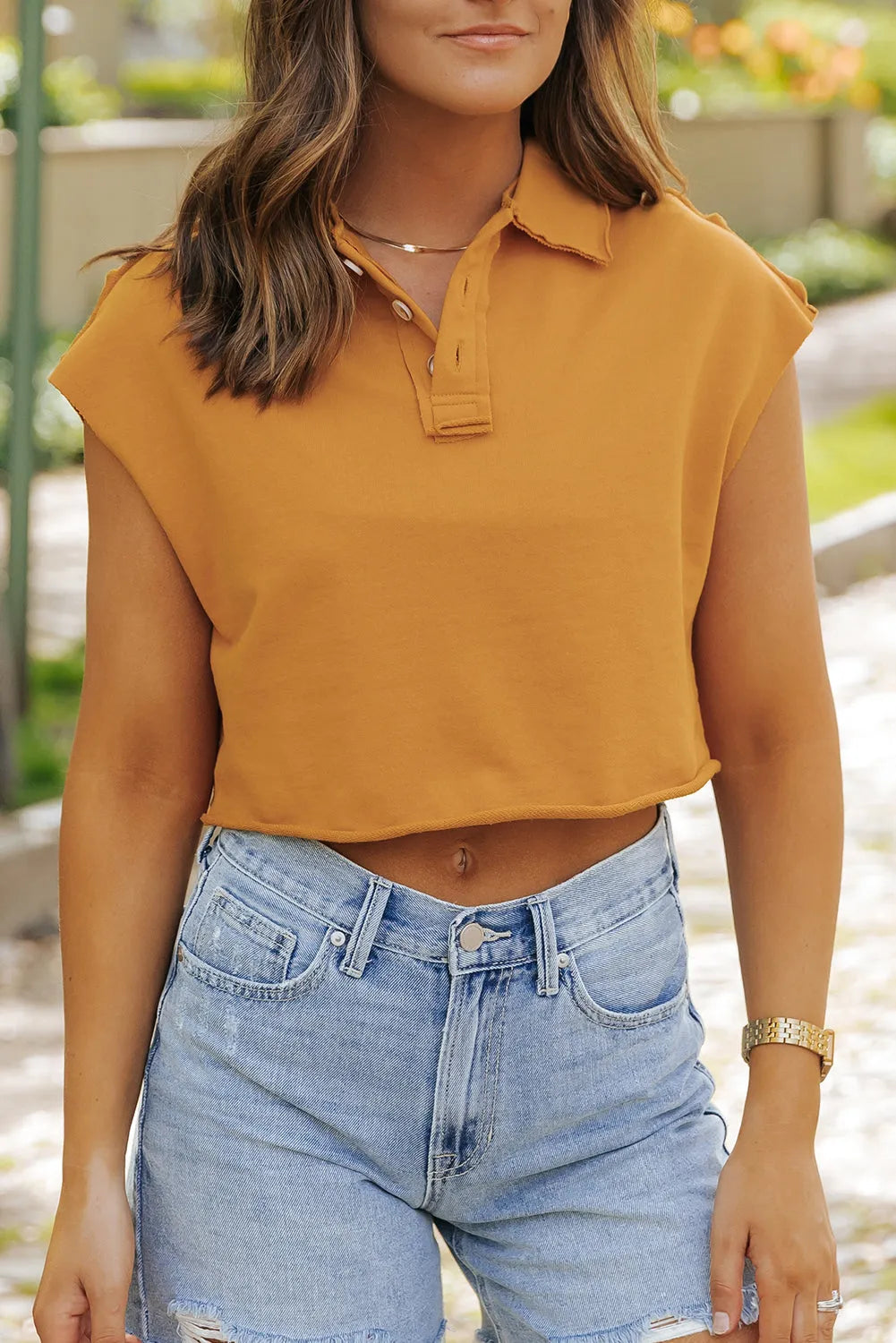 Camel Raw Edge Trim Polo Collar Cropped Tee - Chic Meadow Boutique 