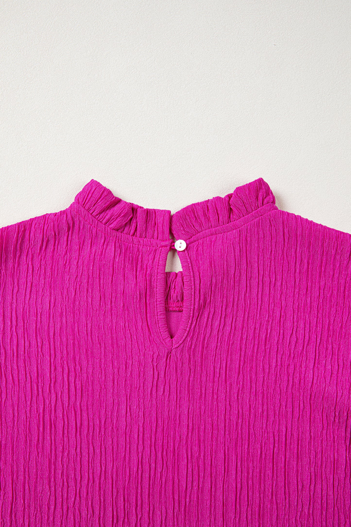 Rose Red Solid Color Textured Ruffle Trim Short Sleeve Blouse