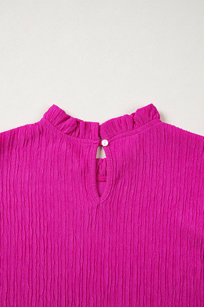 Rose Red Solid Color Textured Ruffle Trim Short Sleeve Blouse