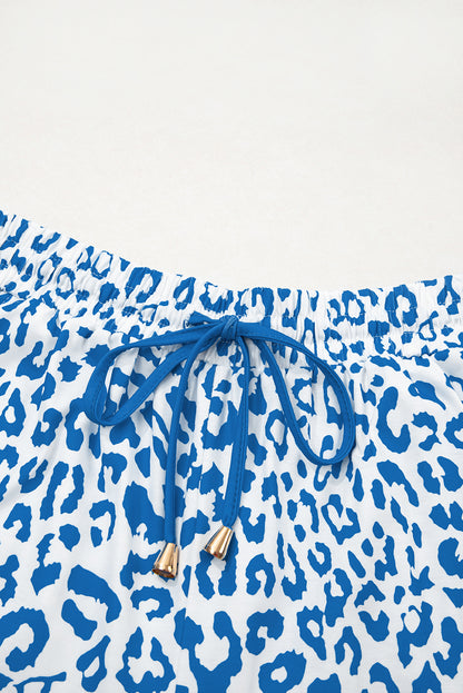Blue Leopard Elastic Waist Lace up Contrast Trim Casual Shorts