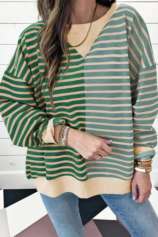 Green Stripe Casual Stripe Colorblock Drop Shoulder Oversize Sweatshirt - Chic Meadow Boutique 