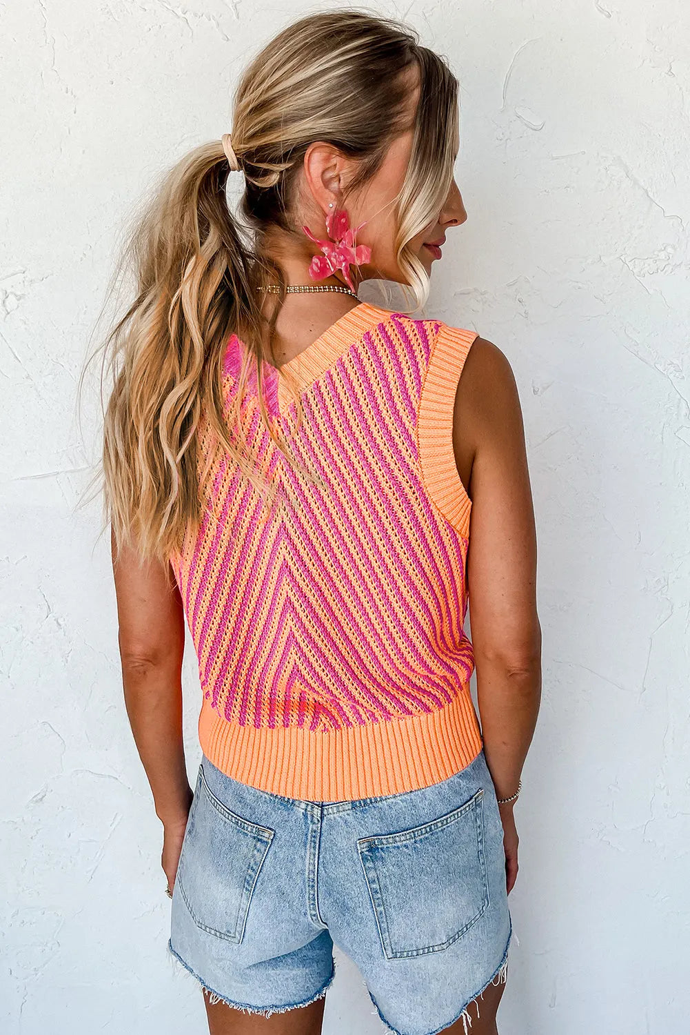 Strawberry Pink Contrast Chevron Knit V Neck Sweater Vest - Chic Meadow Boutique 