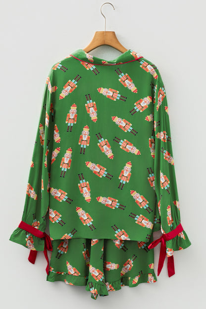 Green Christmas Candy Contrast Trim Bow Knot Silky 2pcs Pajama Set