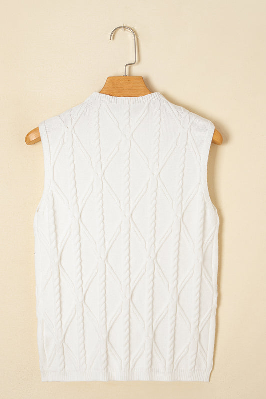 White Pearled High Neck Textured Knit Sweater Vest
