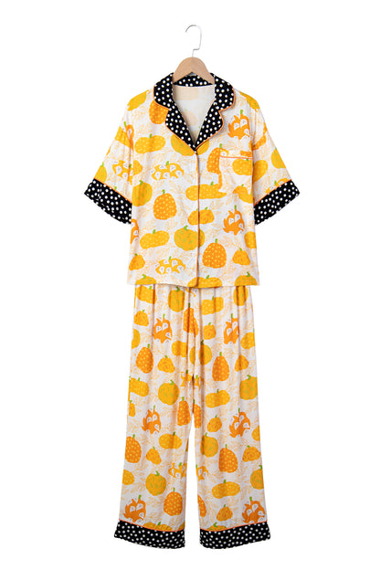 Orange Short Sleeve Pumpkin Print Polka Dot Trim Pocket Pocket Placket Home Wear Lounge Set