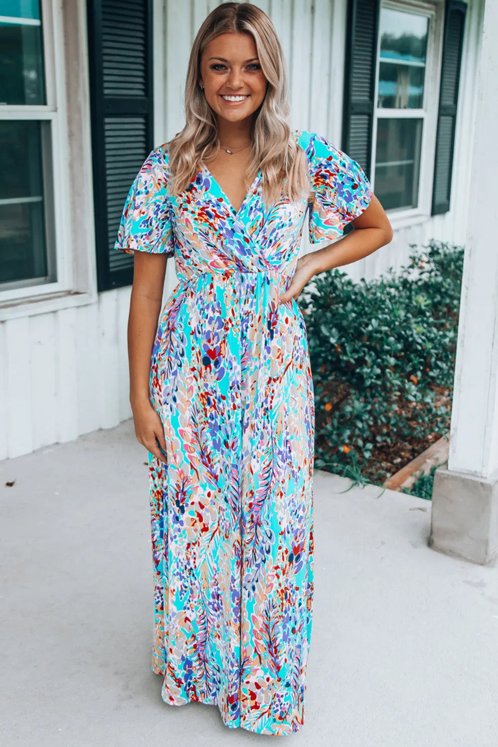 Green Wrap V Neck Floral Maxi Dress - Chic Meadow Boutique 