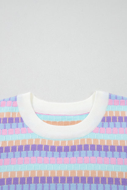 Purple Abstract Striped Knit Short Sleeve Sweater