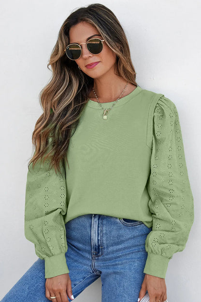 Mist Green Solid Patchwork Sleeve Round Neck Sweatshirt - Chic Meadow Boutique 