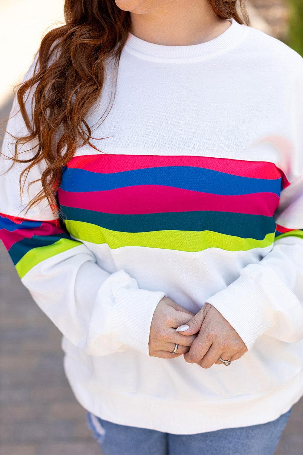 Plus Size/Plus Size Sweatshirts & Hoodies White Plus Size Colorful Striped Drop Shoulder Loose Sweatshirt