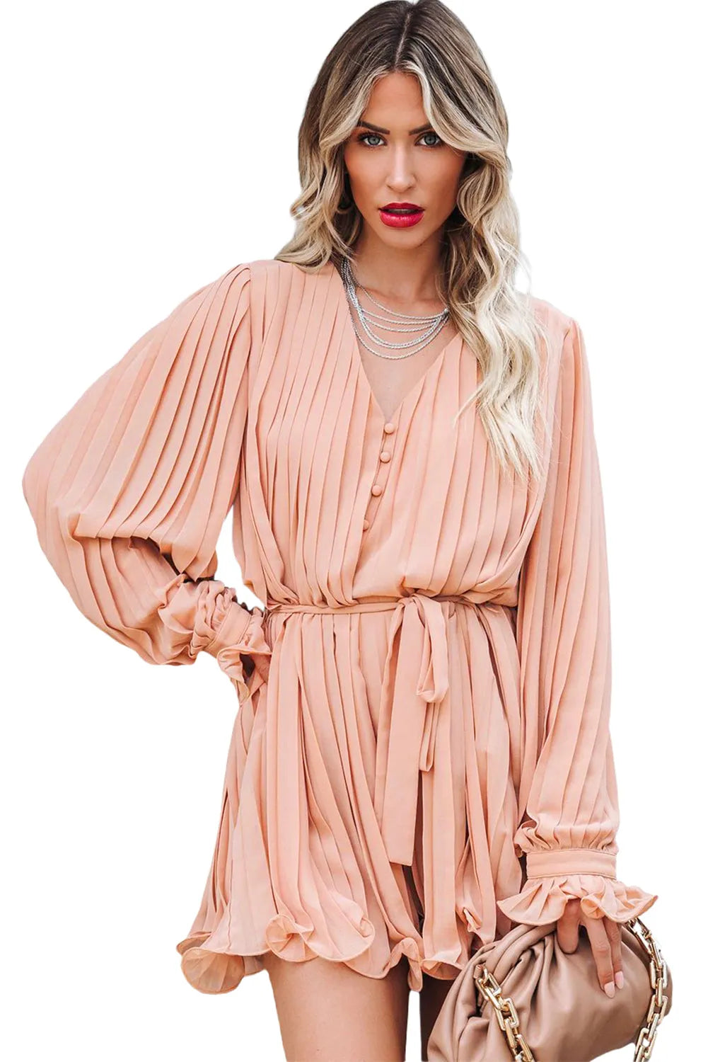 Pink Pleated Ruffled Tie Waist Buttons V Neck Romper - Chic Meadow Boutique 