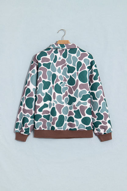 Multicolour Retro Camouflage Pattern Color Block Detail Button Pullover Sweatshirt