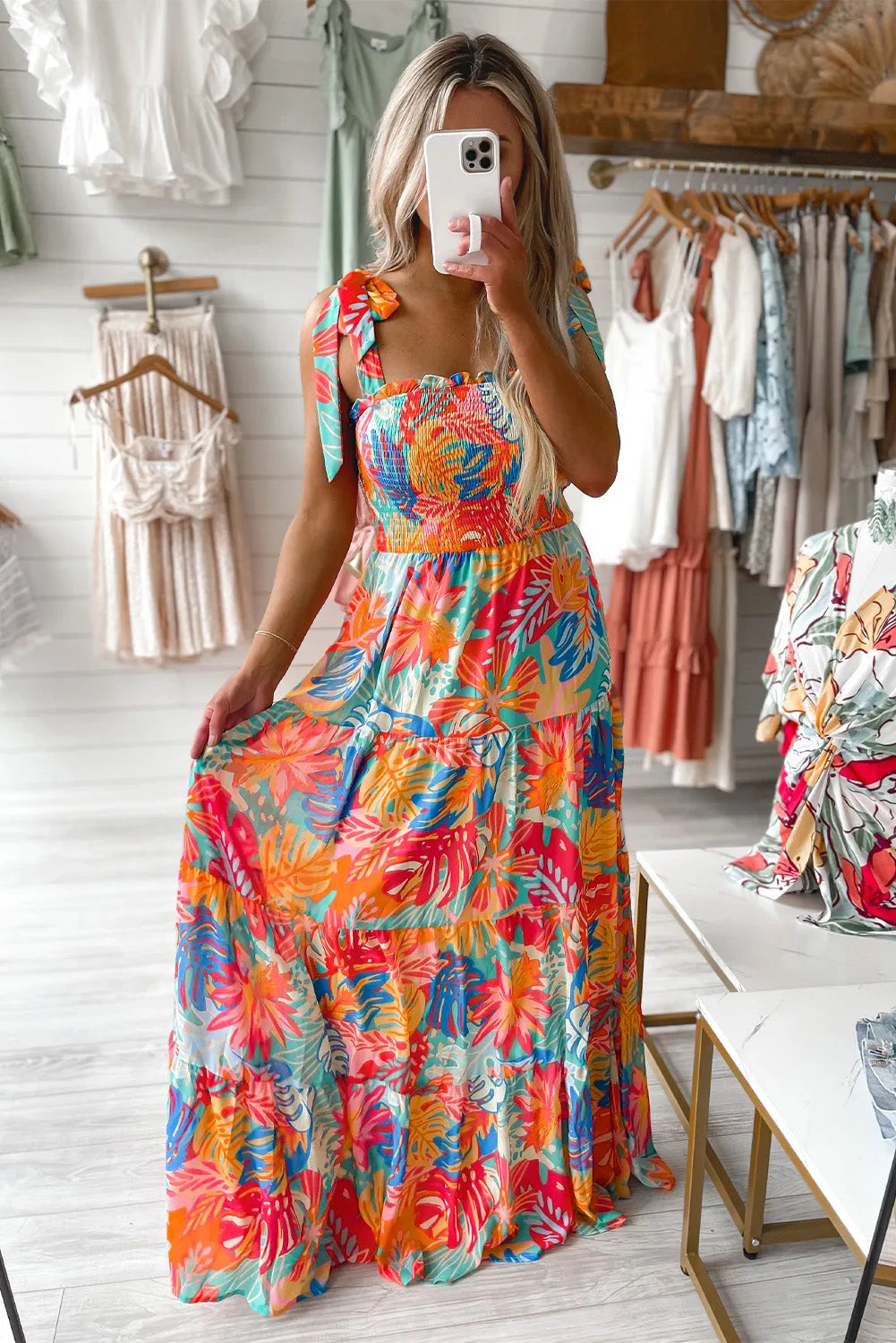 Multicolor Vibrant Tropical Print Smocked Ruffle Tiered Maxi Dress - Chic Meadow Boutique 