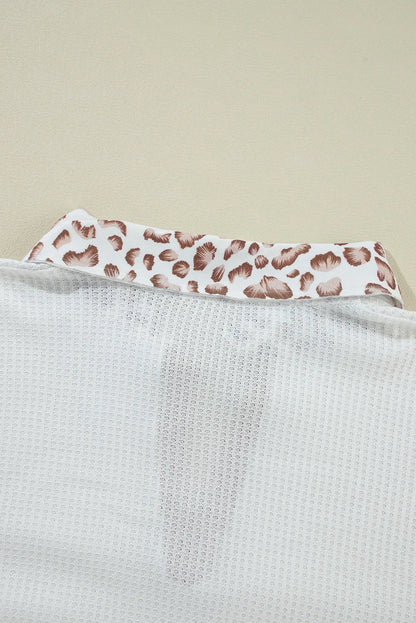 White Leopard Patchwork Turn-down Collar Waffle Top - Chic Meadow Boutique 