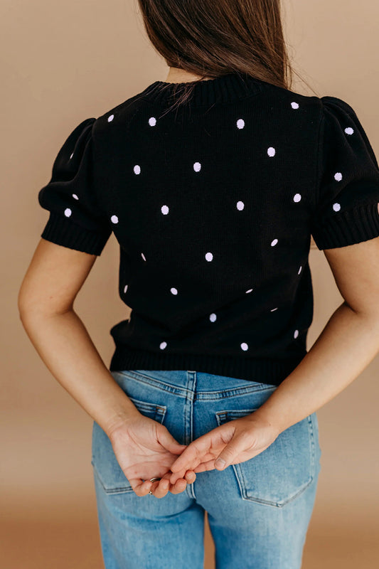 Black Elegant Polka Dot Bubble Short Sleeve Sweater