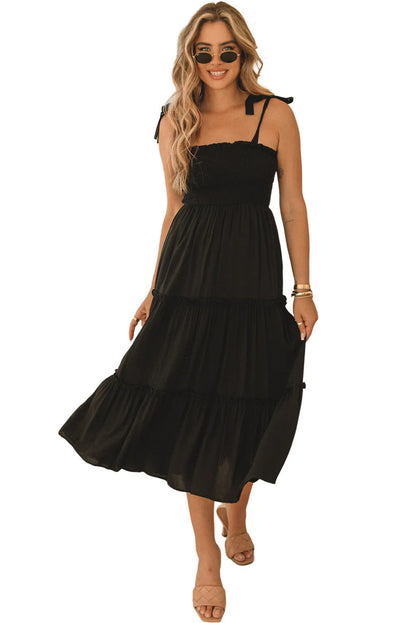 Black Tie Strap Smocked Frill Tiered Midi Dress - Chic Meadow Boutique 