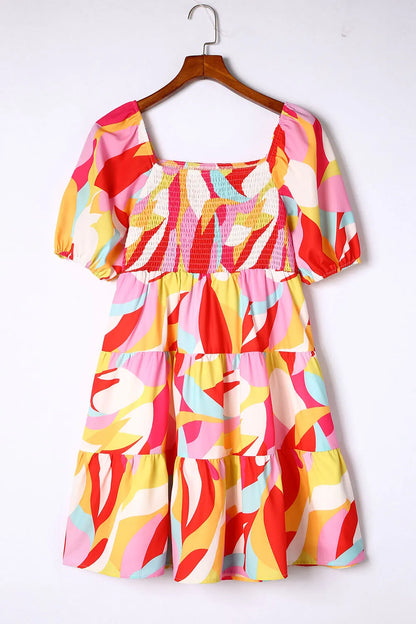 Multicolor Geometric Print Smocked Babydoll Mini Dress - Chic Meadow Boutique 