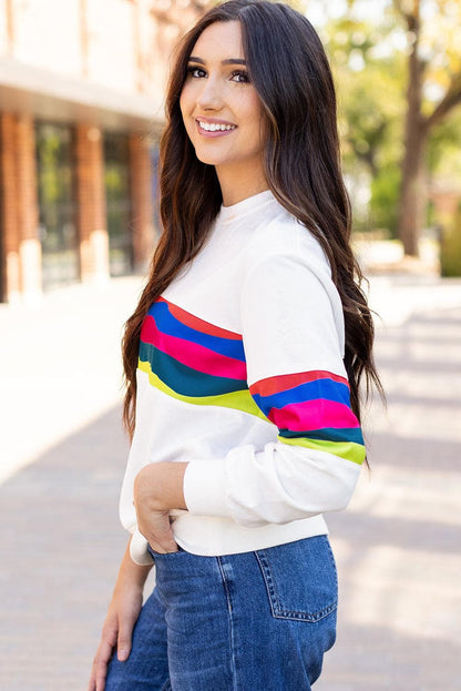 Tops/Long Sleeve Tops White Colorful Striped Accent Long Sleeve T Shirt