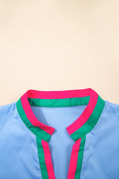 Sky Blue Contrast Striped V Neck Collision Short Puff Sleeve Blouse