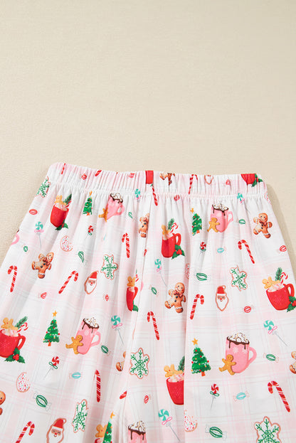 Pink Christmas Spirit Cute Holiday Print Short Sleeve Shirt and Pants 2pcs Pajama Set