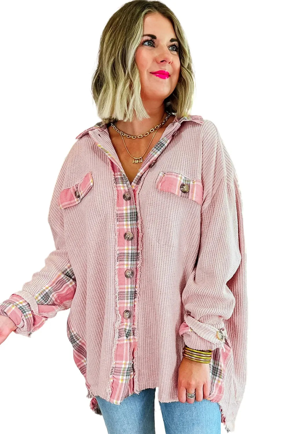 Apricot Pink Plaid Raw Edge High Low Waffle Knit Oversized Shacket - Chic Meadow Boutique 