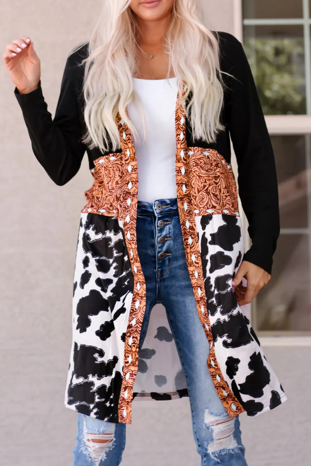 Black Western Pattern Cow Patchwork Open Front Cardigan - Chic Meadow Boutique 