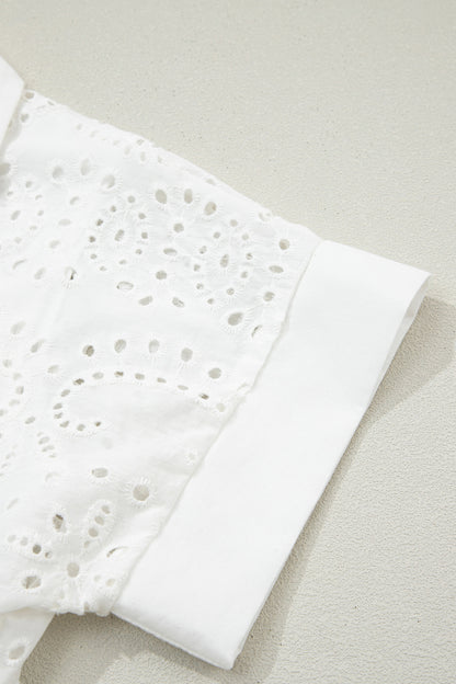 White Solid Color Eyelet Embroidered T Shirt Mini Dress
