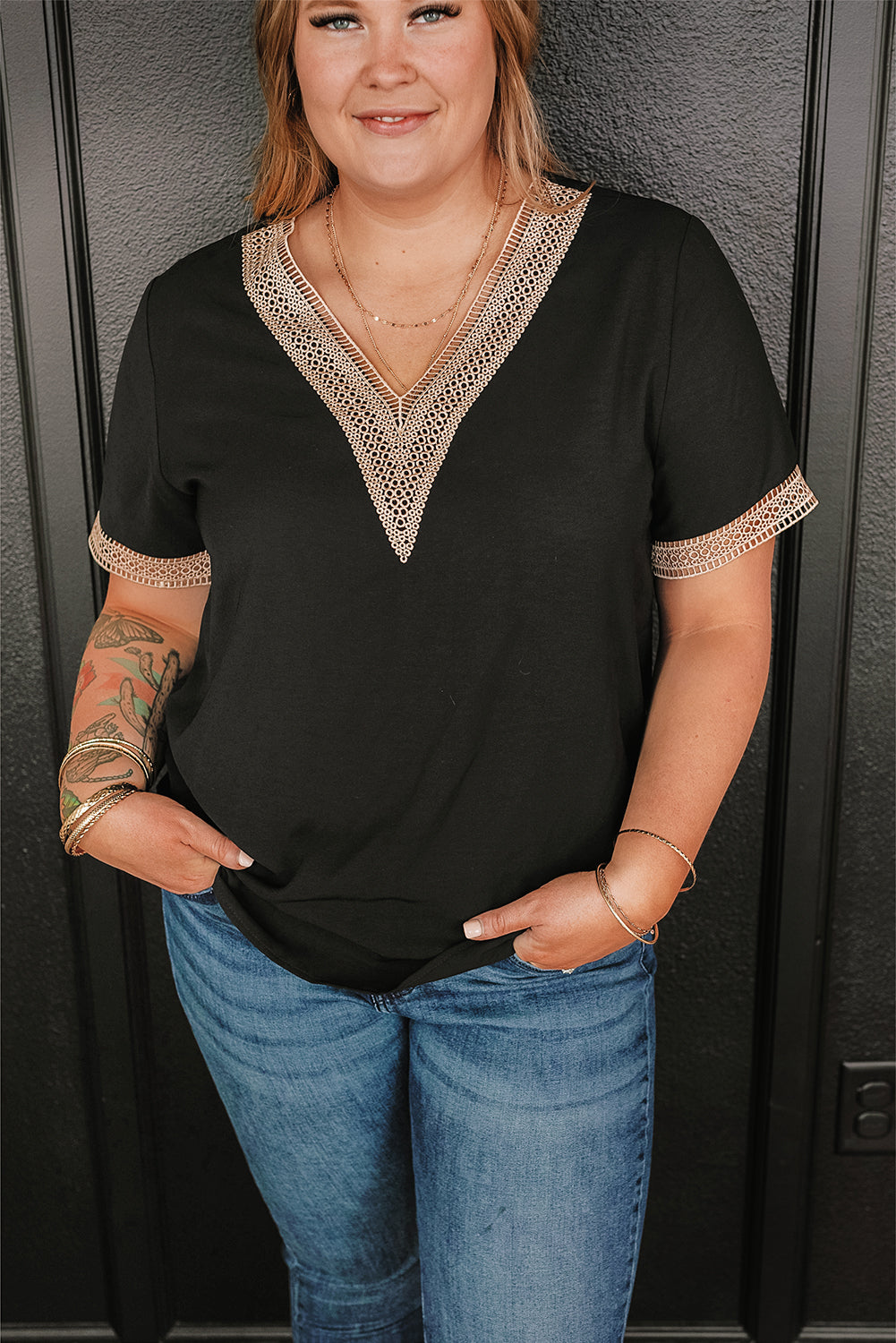 Black Lace Trim Short Sleeve V Neck Plus Size Top - Chic Meadow Boutique 