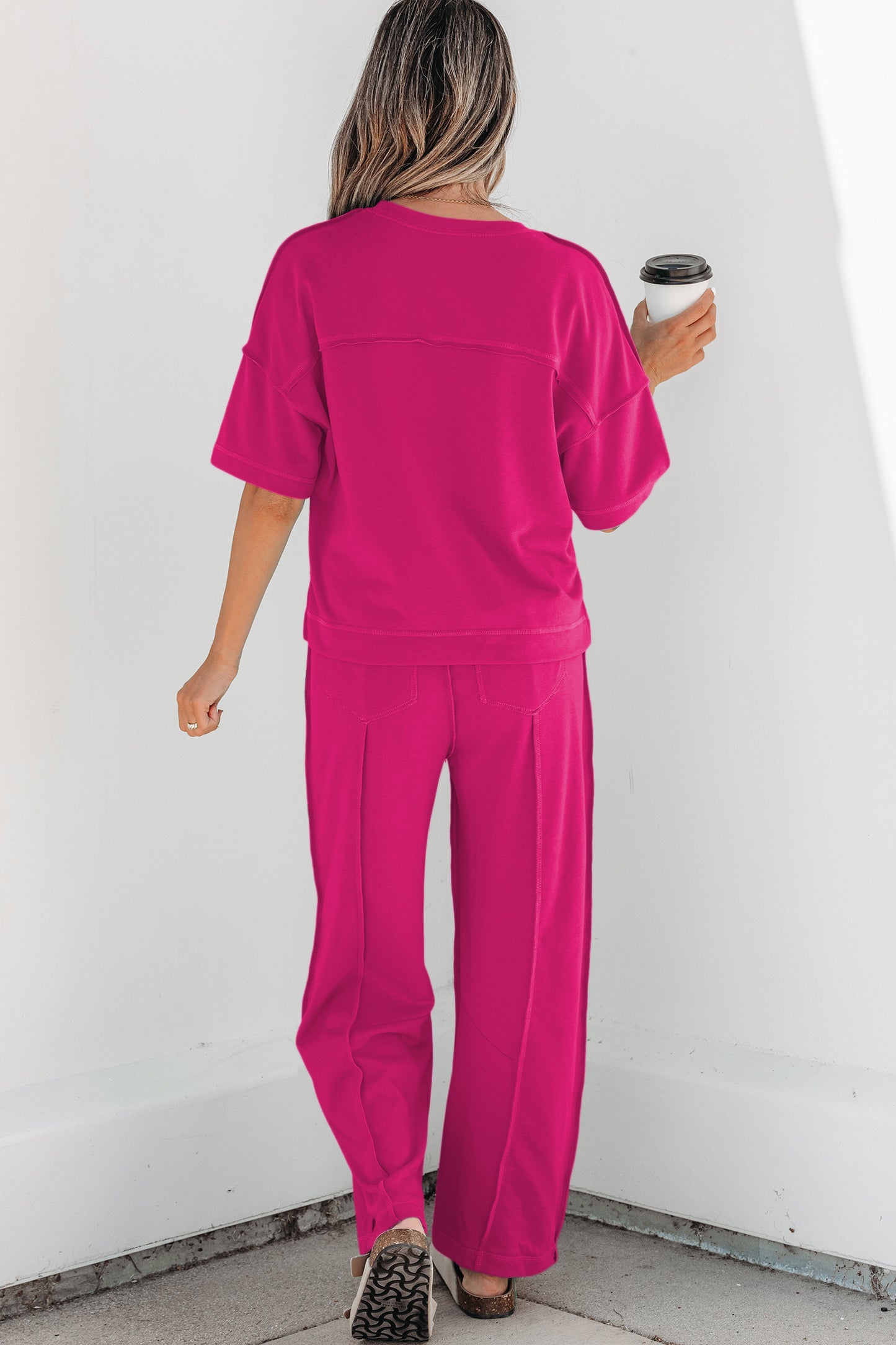 Rose Red Drop Shoulder Boxy Tee and Barrel Pants Set