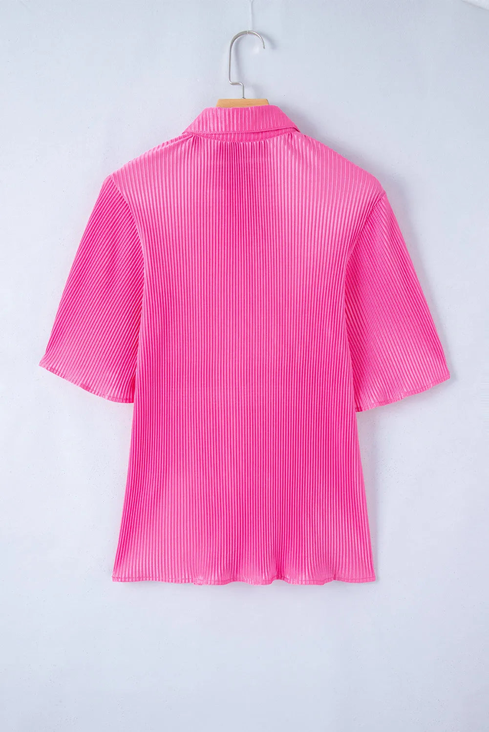 Bright Pink Satin Pleated Short Sleeve Shirt - Chic Meadow Boutique 