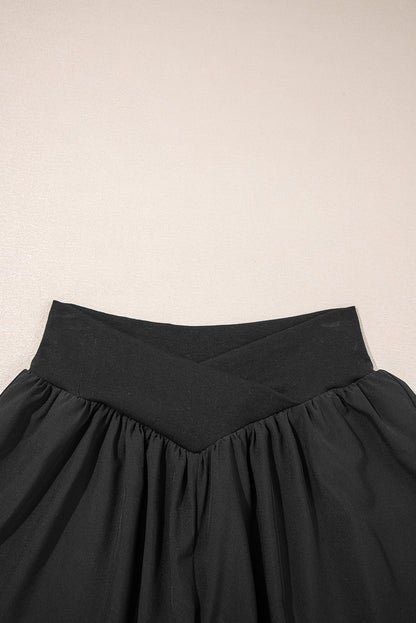 Black Crossed Waist Tiered Flowy Shorts