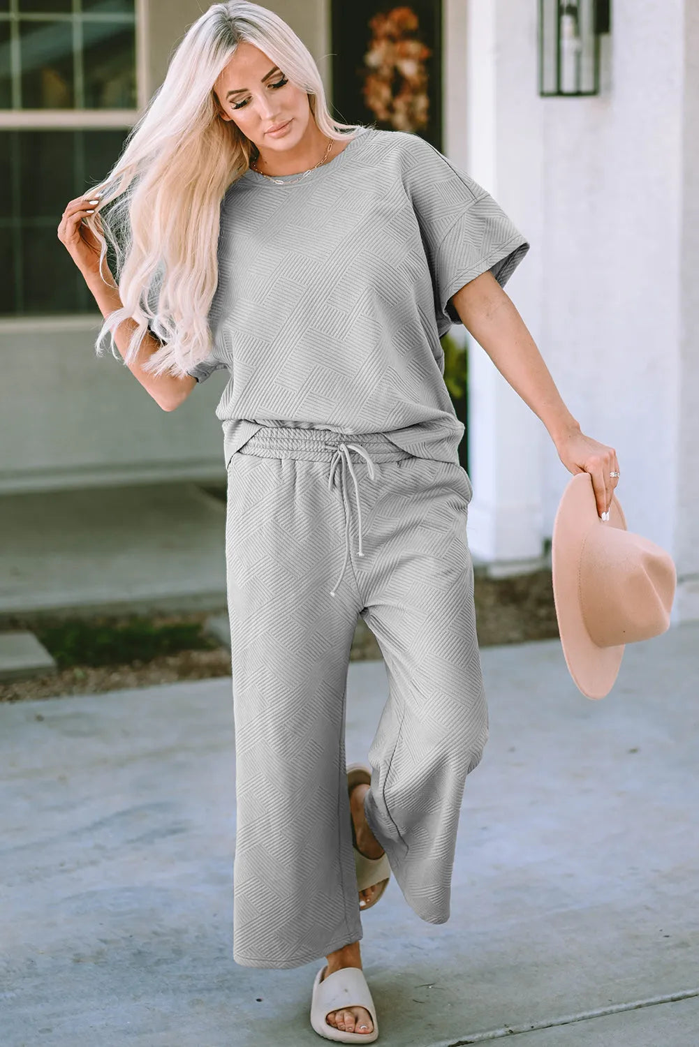 Gray Textured Loose Fit T Shirt and Drawstring Pants Set - Chic Meadow Boutique 